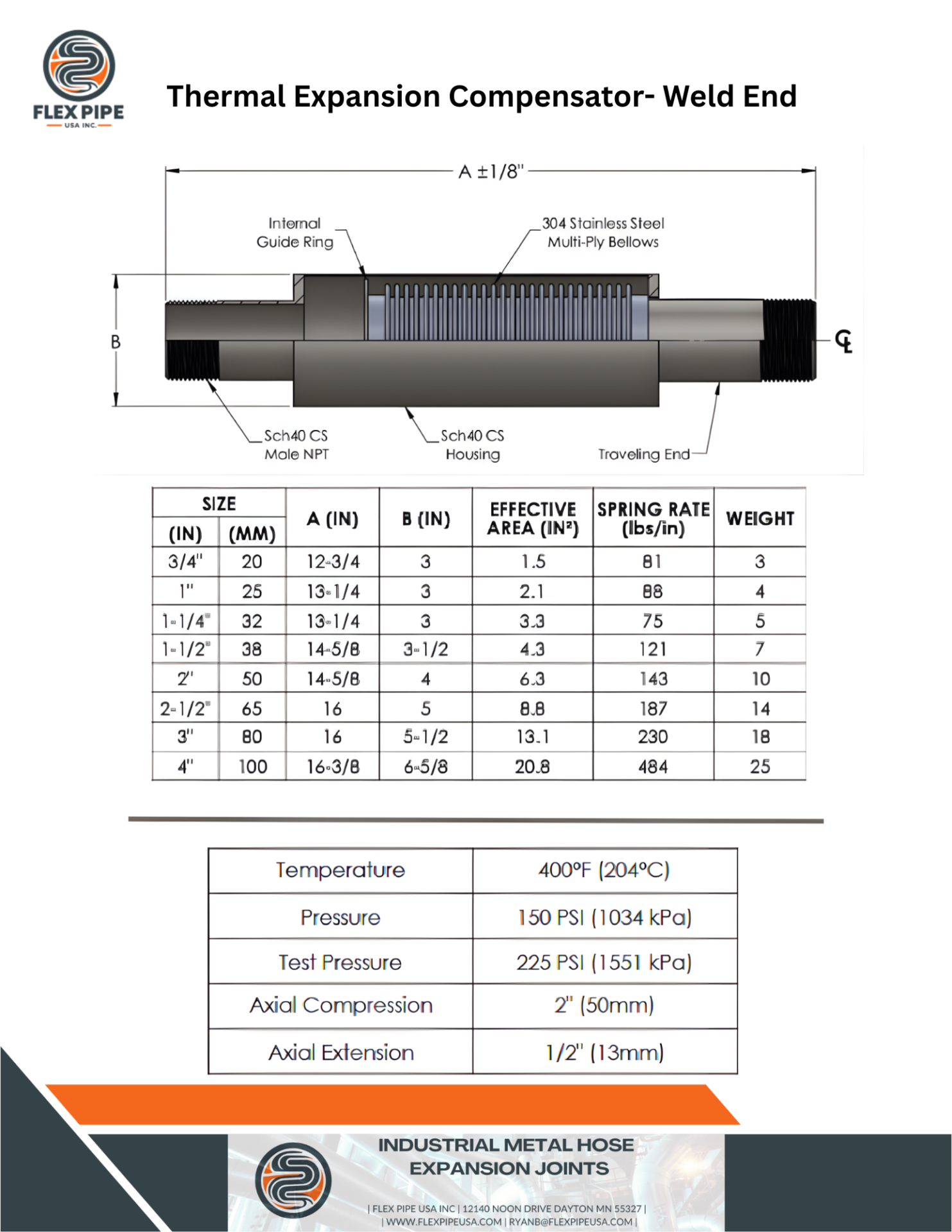Weld-end axial pipe compensator for thermal expansion piping systems